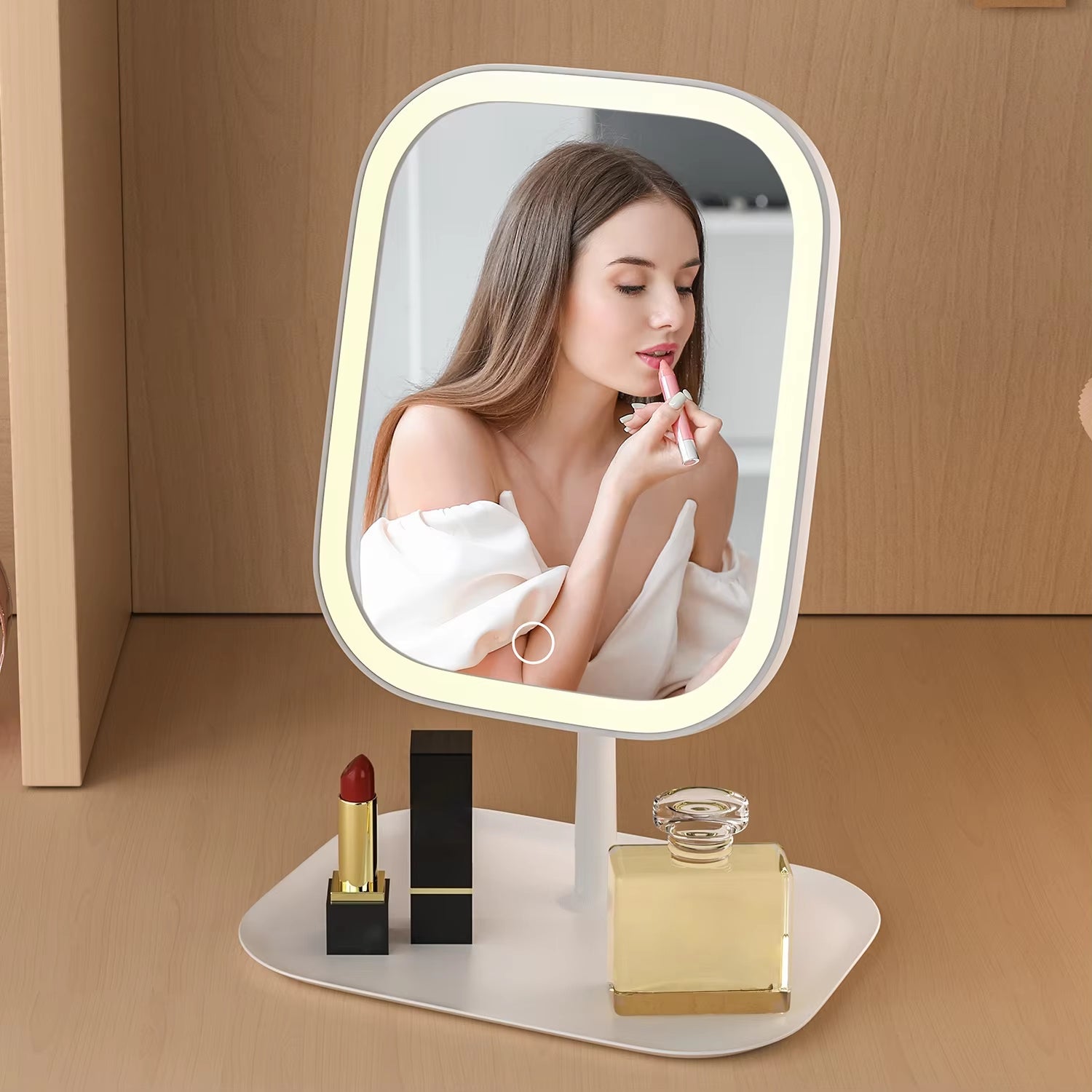 LED Desktop Vanity Mirror 3 Color Dimmable Light Makeup Mirror Light Touching Mirror Women Bedroom Dressing Mirror