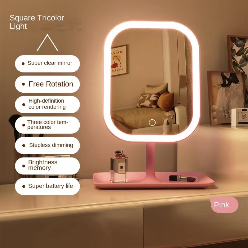 LED Desktop Vanity Mirror 3 Color Dimmable Light Makeup Mirror Light Touching Mirror Women Bedroom Dressing Mirror
