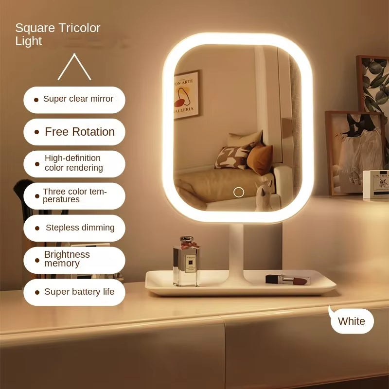 LED Desktop Vanity Mirror 3 Color Dimmable Light Makeup Mirror Light Touching Mirror Women Bedroom Dressing Mirror